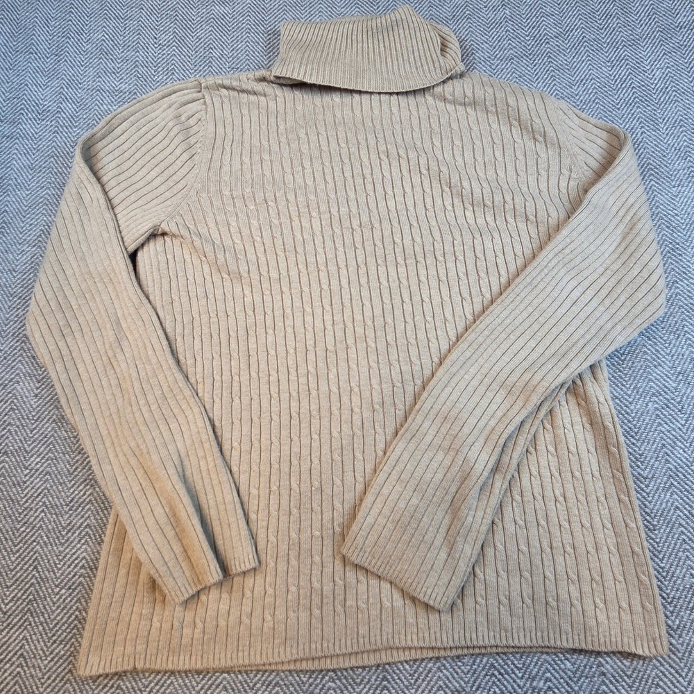 Evan-Picone Tan Beige Cable Knit Turtleneck Sweater Womens Size M Long Sleeve